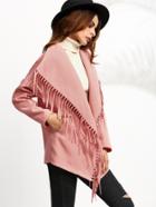 Shein Pink Drop Shoulder Belted Oversized Fringe Collar Coat