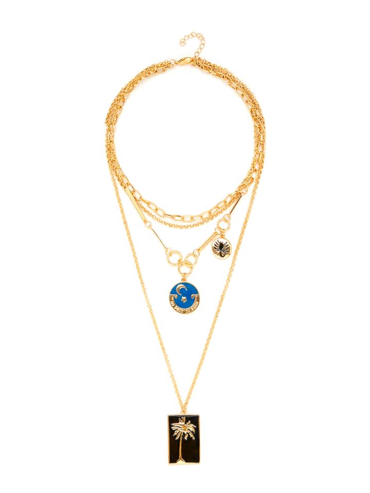 Shein Palm Tree & Round Pendant Layered Chain Necklace