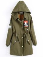 Shein Army Green Hooded Embroidered Patch Drawstring Sherpa Lined Coat