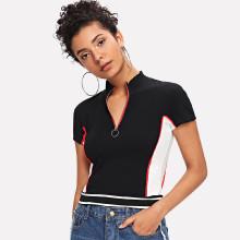 Shein O-ring Zip Up Colorblock Crop Tee