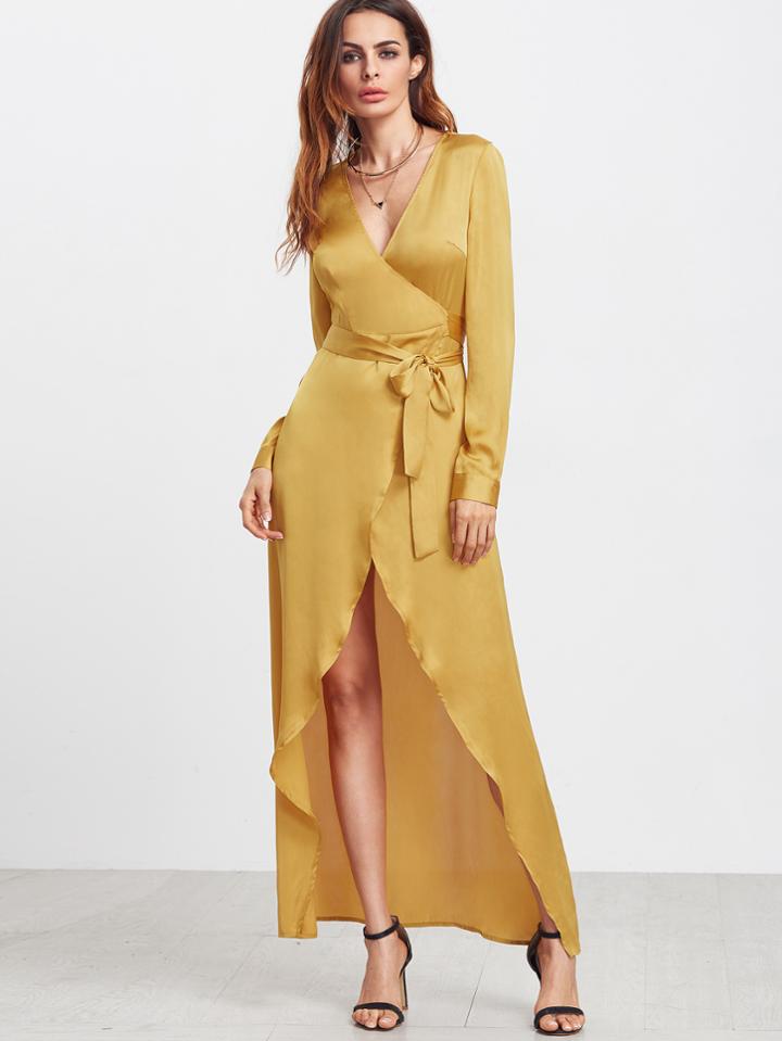 Shein Yellow Long Sleeve Surplice Wrap High Low Dress