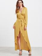 Shein Yellow Long Sleeve Surplice Wrap High Low Dress
