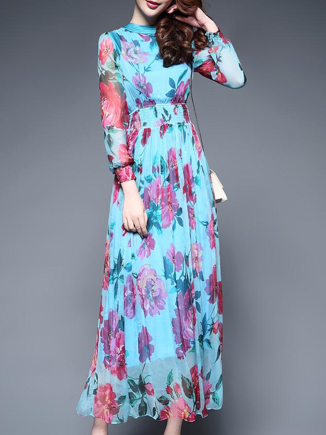 Shein Blue Elastic-waist Floral Maxi Dress