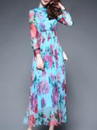 Shein Blue Elastic-waist Floral Maxi Dress