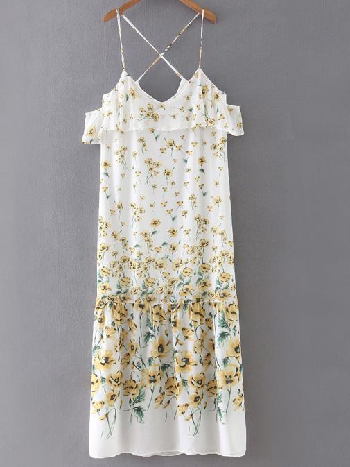 Shein White Ruffle Flowers Print Criss Cross Spaghetti Strap Dress
