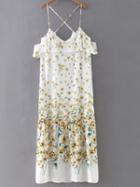 Shein White Ruffle Flowers Print Criss Cross Spaghetti Strap Dress