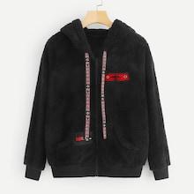 Shein Letter Print Patched Drawstring Teddy Hooded Jacket