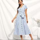 Shein Rolled Up Sleeve Button Up Striped Dress