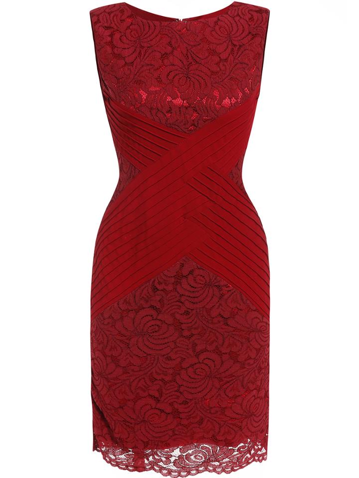 Shein Red Round Neck Sleeveless Lace Dress