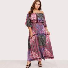 Shein Plus Tassel Tie Front Patchwork Print Bardot Dress