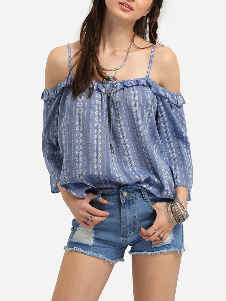 Shein Light Blue Cold Shoulder Ruffle Blouse