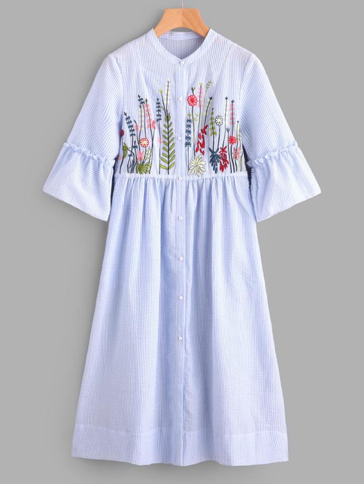 Shein Frilled Sleeve Botanical Embroidered Smock Shirt Dress