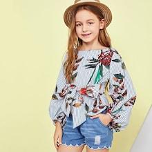 Shein Girls Tie Waist Zip Back Floral Print Top