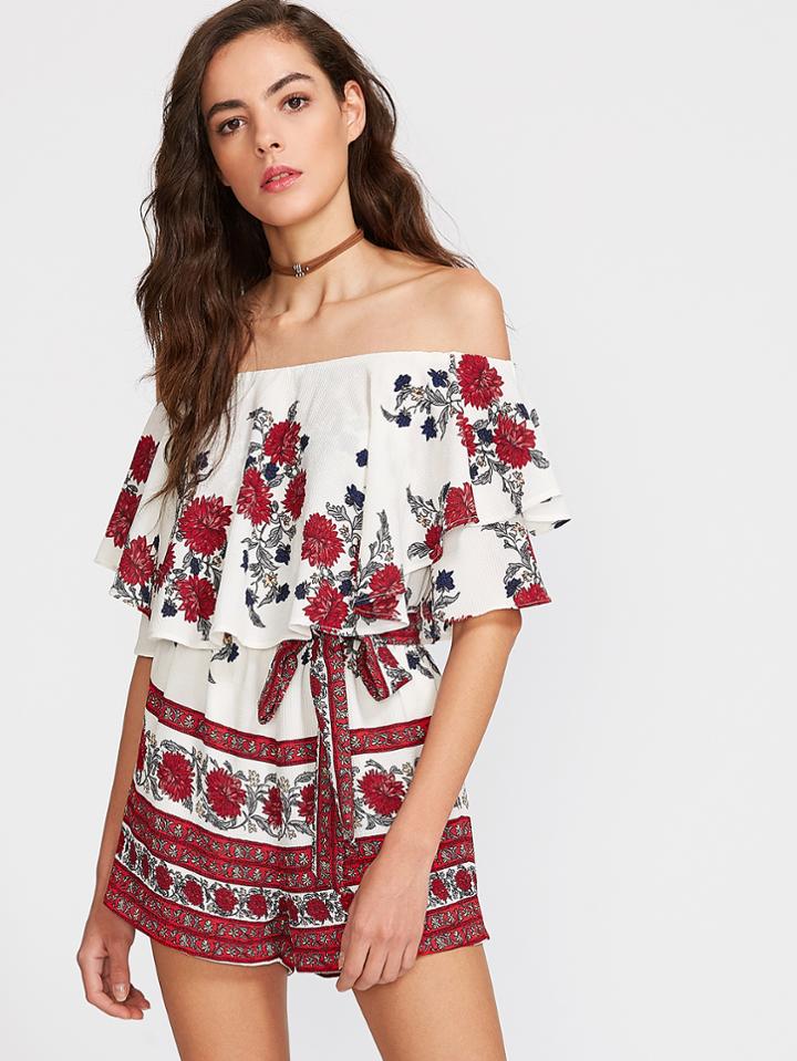 Shein Multicolor Flower Print Ruffle Off The Shoulder Belted Romper
