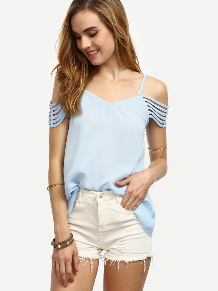 Shein Blue Spaghetti Strap Cold Shoulder Blouse