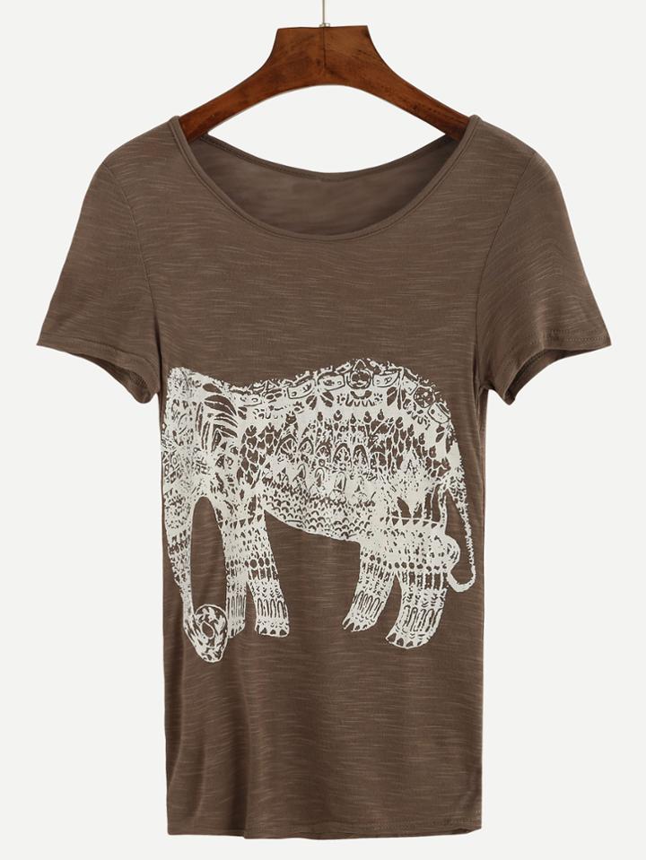 Shein Brown Elephant Print Slub T-shirt