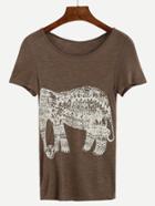 Shein Brown Elephant Print Slub T-shirt