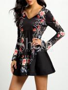 Shein Black Long Sleeve Backless Floral Dress