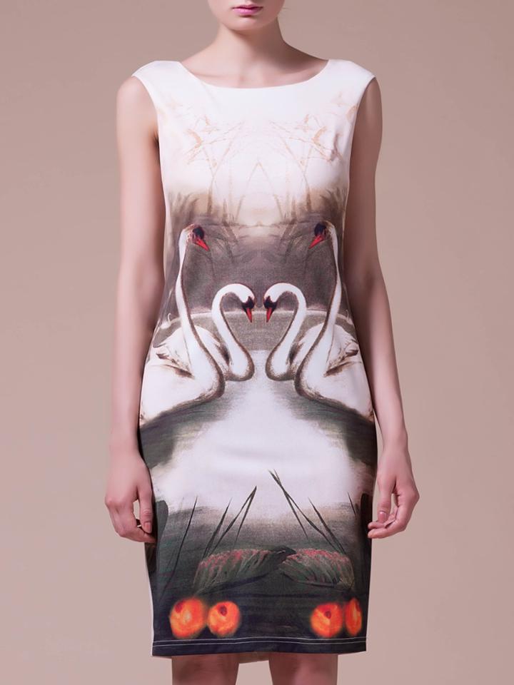 Shein Nude Swan Print Knee Length Sheath Dress