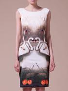 Shein Nude Swan Print Knee Length Sheath Dress