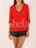 Shein Red Long Sleeve V Neck Blouse