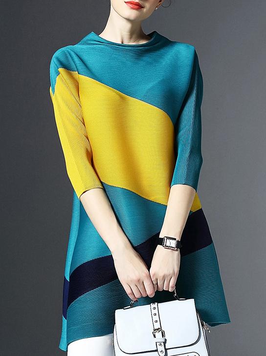 Shein Blue Yellow Color Block Shift Elastic Dress