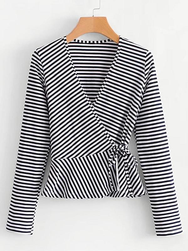 Shein Self Tie Peplum Striped Blouse