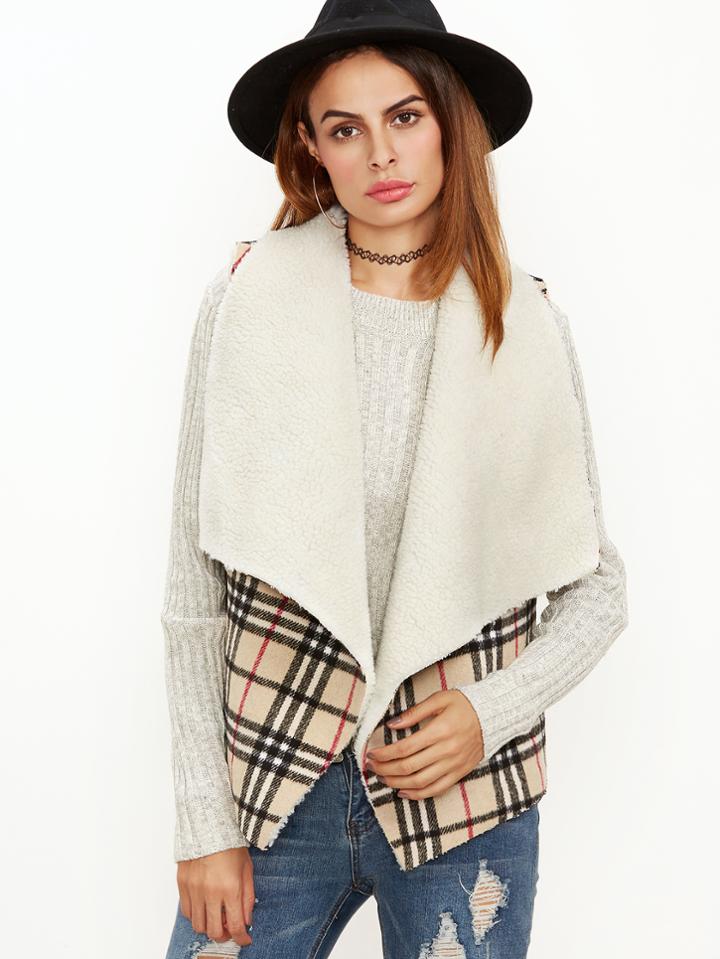 Shein Beige Plaid Fleece Lined Drape Collar Vest