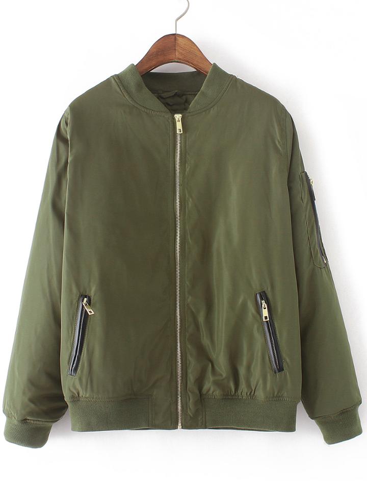 Shein Army Green Crew Neck Zipper Front Jacket