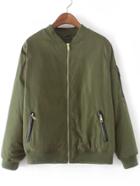 Shein Army Green Crew Neck Zipper Front Jacket