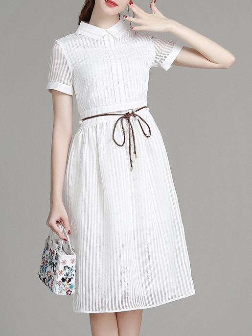 Shein White Lapel Striped Tie-waist Dress