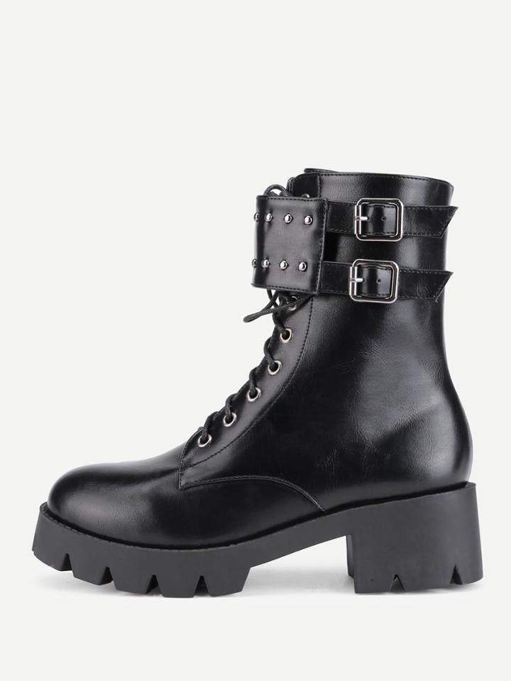 Shein Studded Detail Buckle Strap Pu Boots