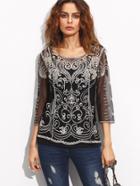 Shein Black Sheer Embroidery Blouse With Cami Top