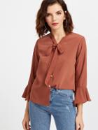 Shein Brown Bow Tie Neck Bell Sleeve Shirt