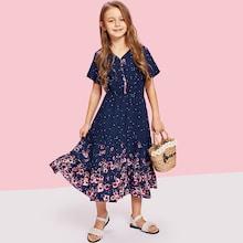 Shein Girls Polka Dot Flower Print Dress