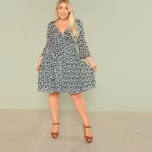 Shein Plus Flounce Sleeve Floral Wrap Dress