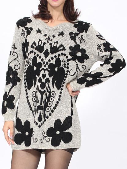 Shein Apricot Black V Neck Floral Sweater Dress