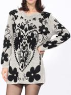 Shein Apricot Black V Neck Floral Sweater Dress
