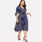Shein Plus Damask Print Knot Cuff Dress