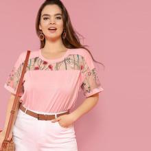 Shein Plus Embroidered Mesh Yoke Top