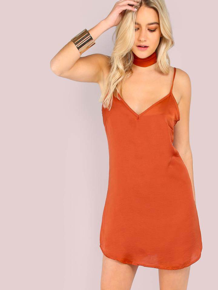 Shein Curved Hem Cami Choker Neck Tie Dress Rust