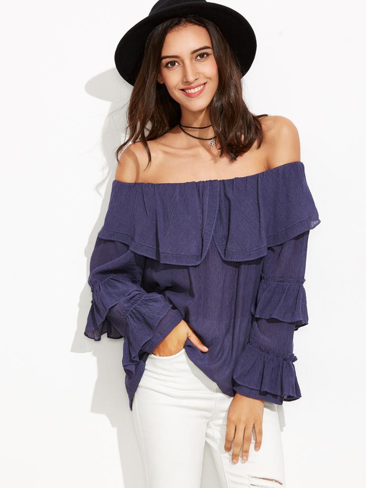 Shein Navy Off The Shoulder Ruffle Trim Top