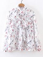 Shein White Floral Criss Cross Front Tie Neck Blouse