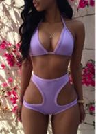 Rosewe Purple Halter Padded Cutout Waist Swimwear