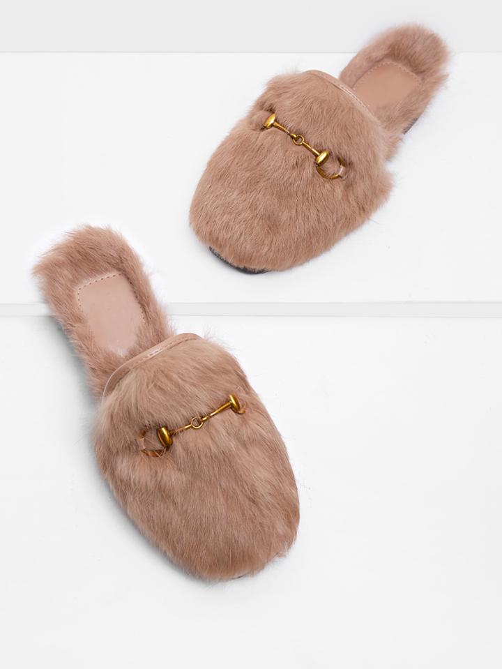Shein Metal Detail Faux Fur Overlay Flats