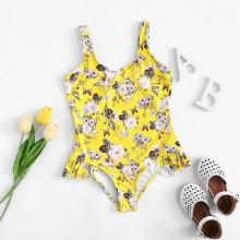 Shein Girls Flower Print Ruffle Swimsuit