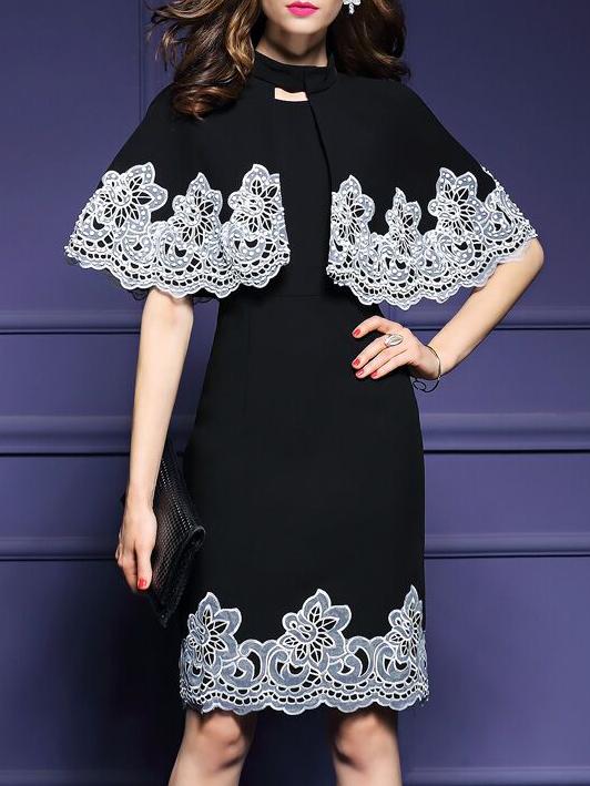 Shein Black Embroidered Cape Sheath Dress