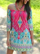 Shein Multicolor Boat Neck Tribal Print Dress
