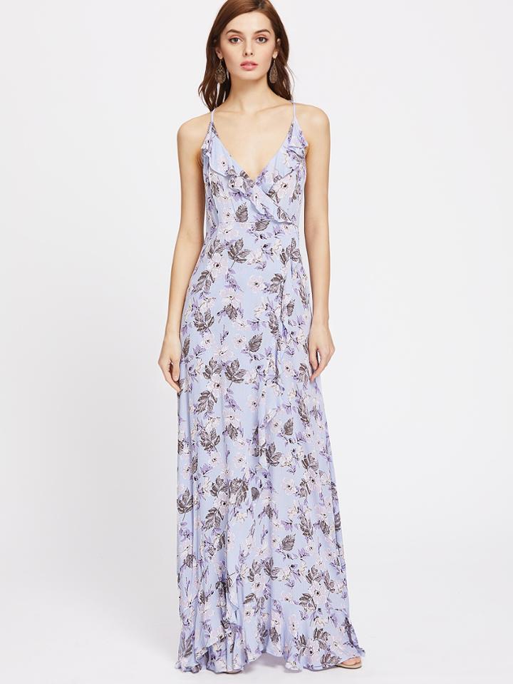 Shein Surplice Lace Up Back Frilled Botanical Cami Dress