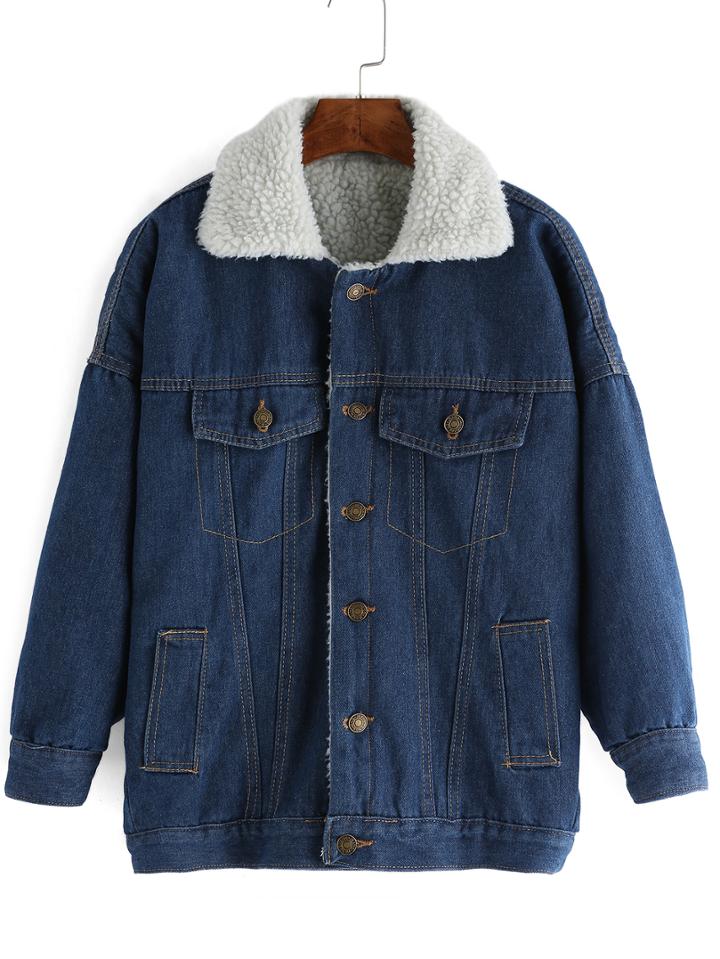 Shein Blue Lapel Long Sleeve Single Breasted Denim Coat